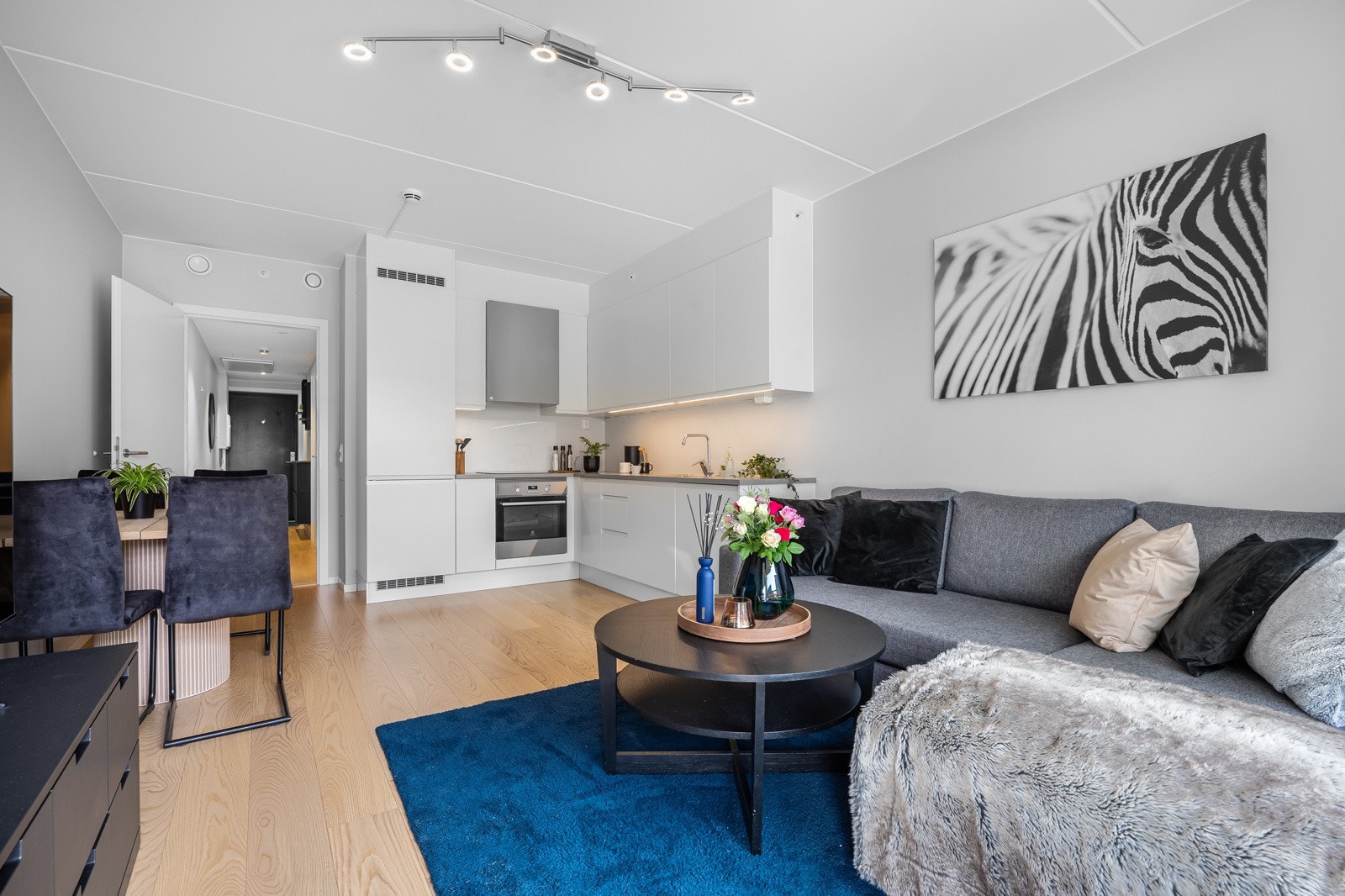 Stue/spisestue/kjøkken er samlet i et åpent og luftig rom. Galleribilde