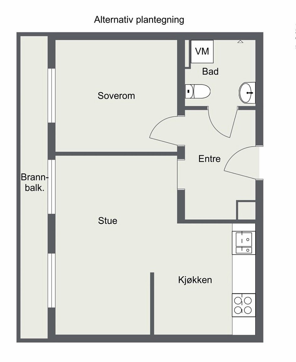 Alternativ plantegning dersom man ønsker å flytte ut kjøkkenet. Mange i borettslaget har bygd om til 2-roms. Det er opp til kjøper å undersøke mulighetene nærmere dersom man ønsker det. Galleribilde