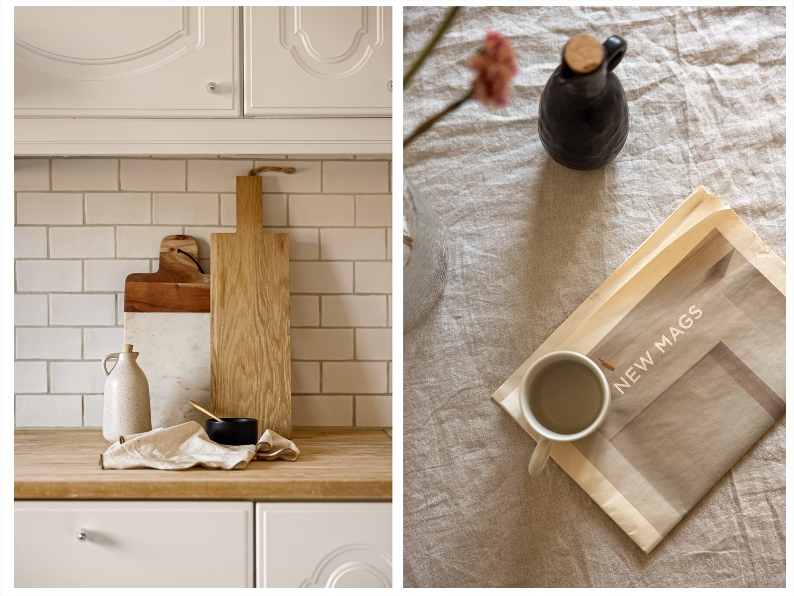 Tidløs kjøkkeninnredning med hvite fronter og heltre benkeplate. Galleribilde