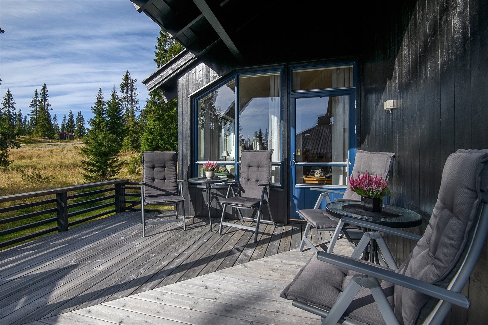 Delvis overbygget terrasse med utgang fra stua. terrassen er forholdsvis skjermet for direkte innsyn. Galleribilde