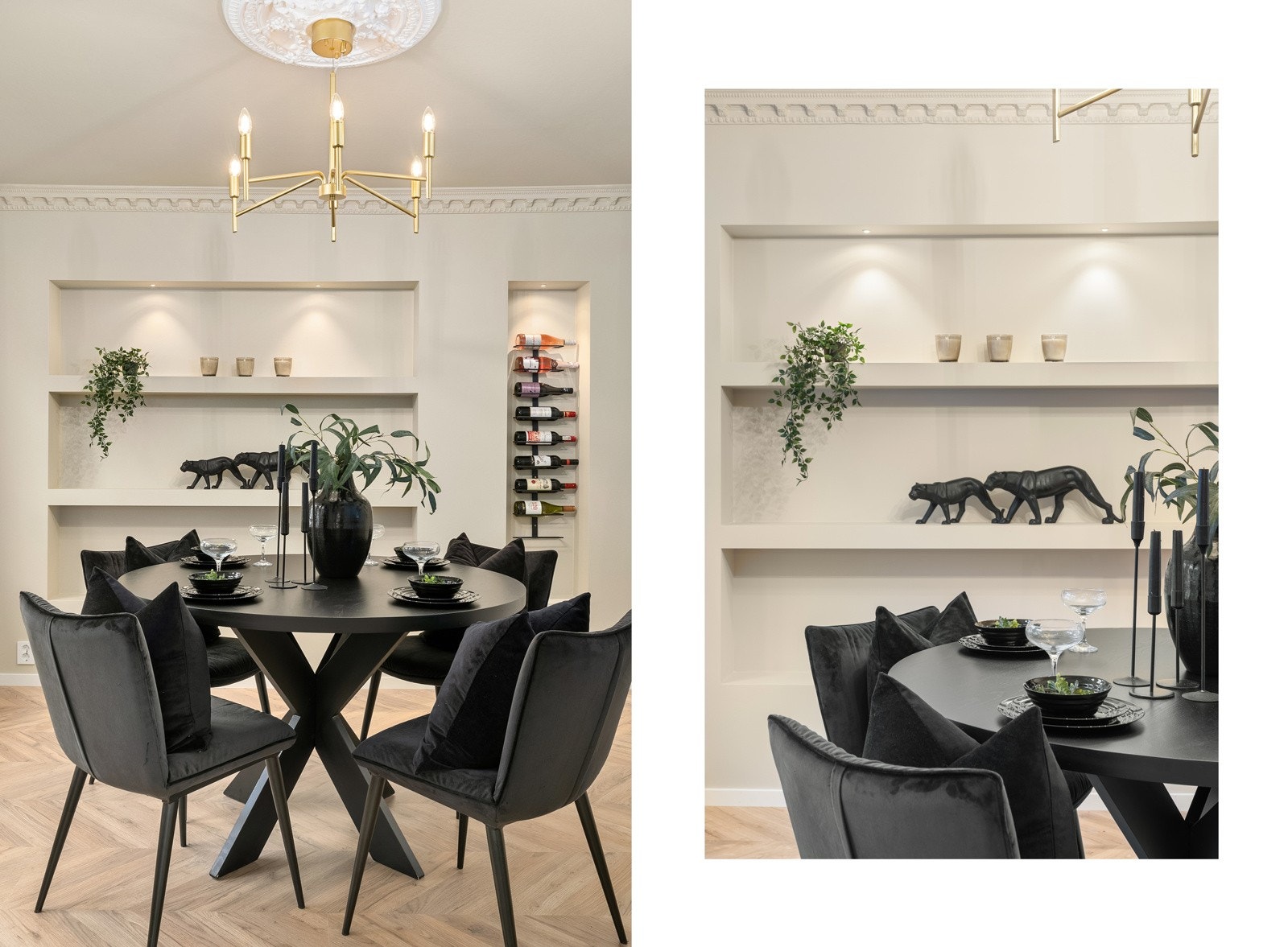 Det er brukt stukkaturlister og rosett for å bevare den klassiske stilen, men likevel gjennomførte tidsriktige oppgraderinger. Galleribilde