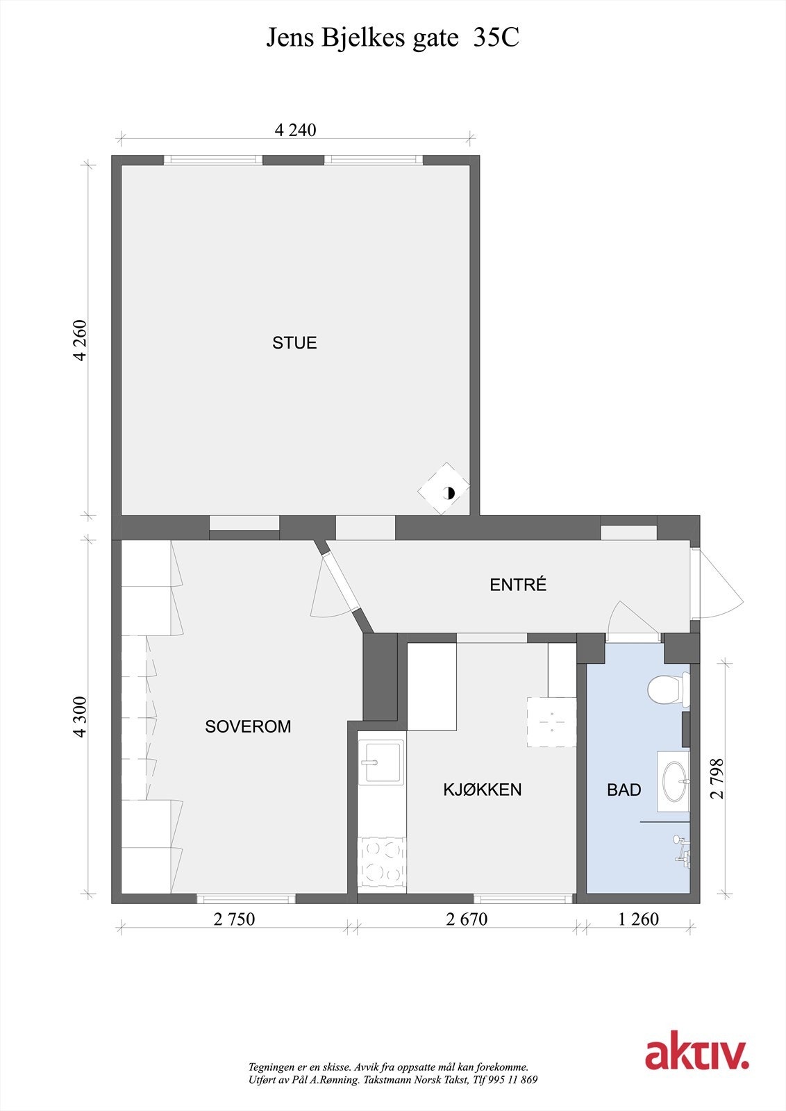 Planskisse. Leiligheten disponerer en loftsbod med 5,8 m2 gulvareal og en kjellerbod på ca 4kvm. Galleribilde