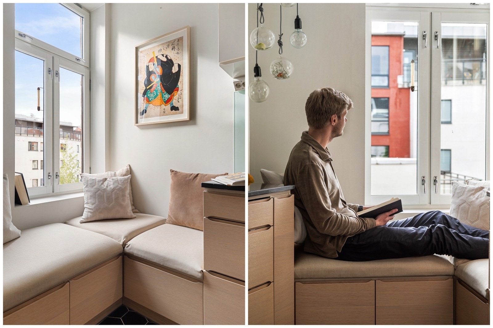 Flott sittebenk med tilpassede puter froan vinduspost hvor man hyggelig utsyn mot bakgården Galleribilde