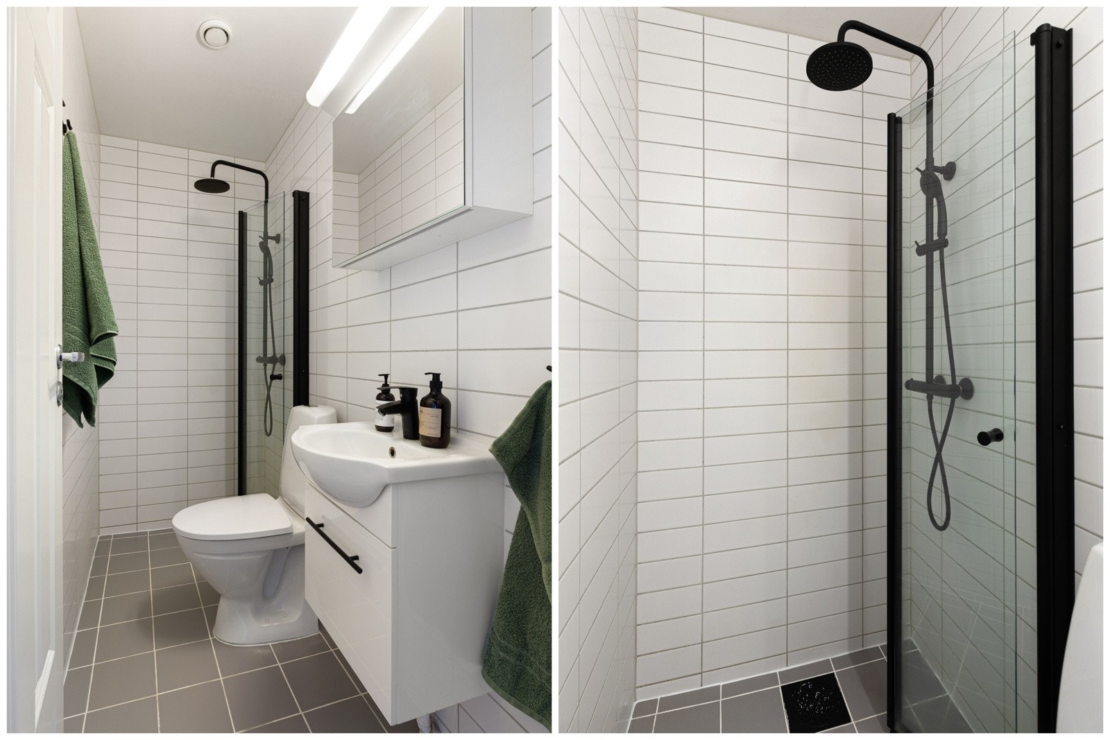 Flislagt bad med varme i gulvet. Badet har en dusj med en innfellbar dusjvegg og et termostatstyrt dusjbatteri i sort, som gir deg både hånddusj og regndusjalternativer Galleribilde