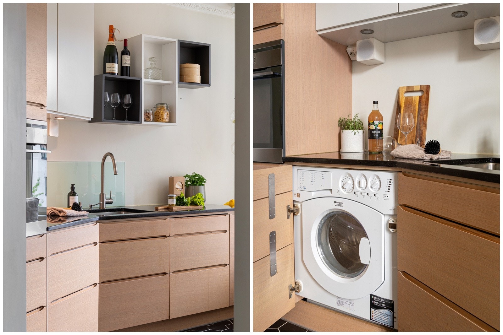 Integrerte hvitvarer som oppvaskmaskin fra Constructa, platetopp, stekeovn og kjøl/frys fra Gram samt avtrekksvifte fra Røroshetta. Opplegg for vaskemaskin. Galleribilde