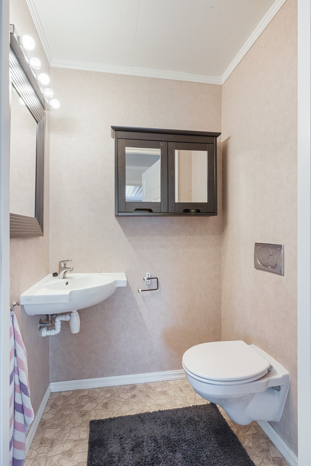 Toalettrom er innredet med toalett og en vask. Her er det mekanisk avtrekk i himling. Galleribilde