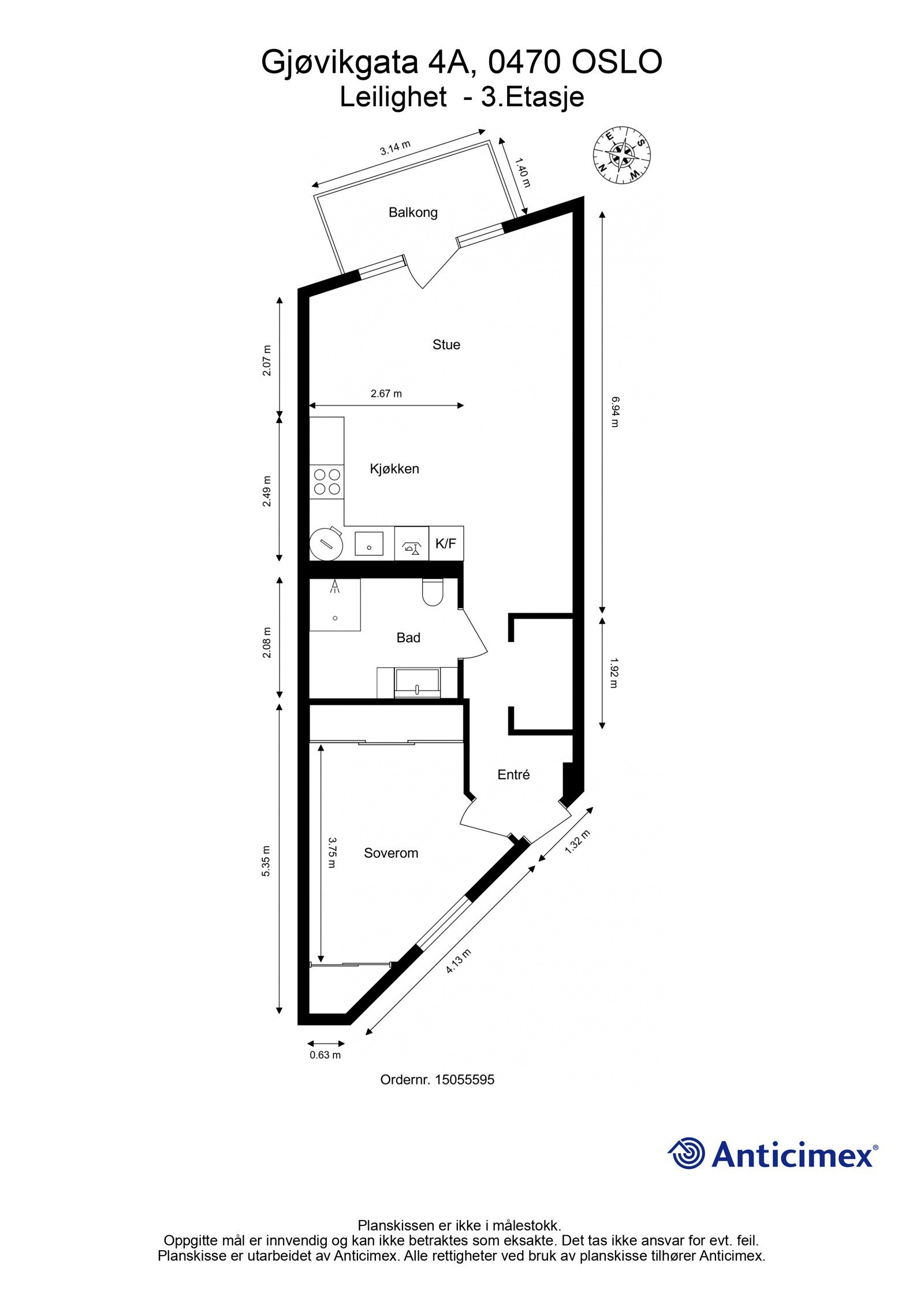 Plantegning. I tillegg disponerer leiligheten en kjellerbod på ca. 5m². Heis i bygget. Galleribilde