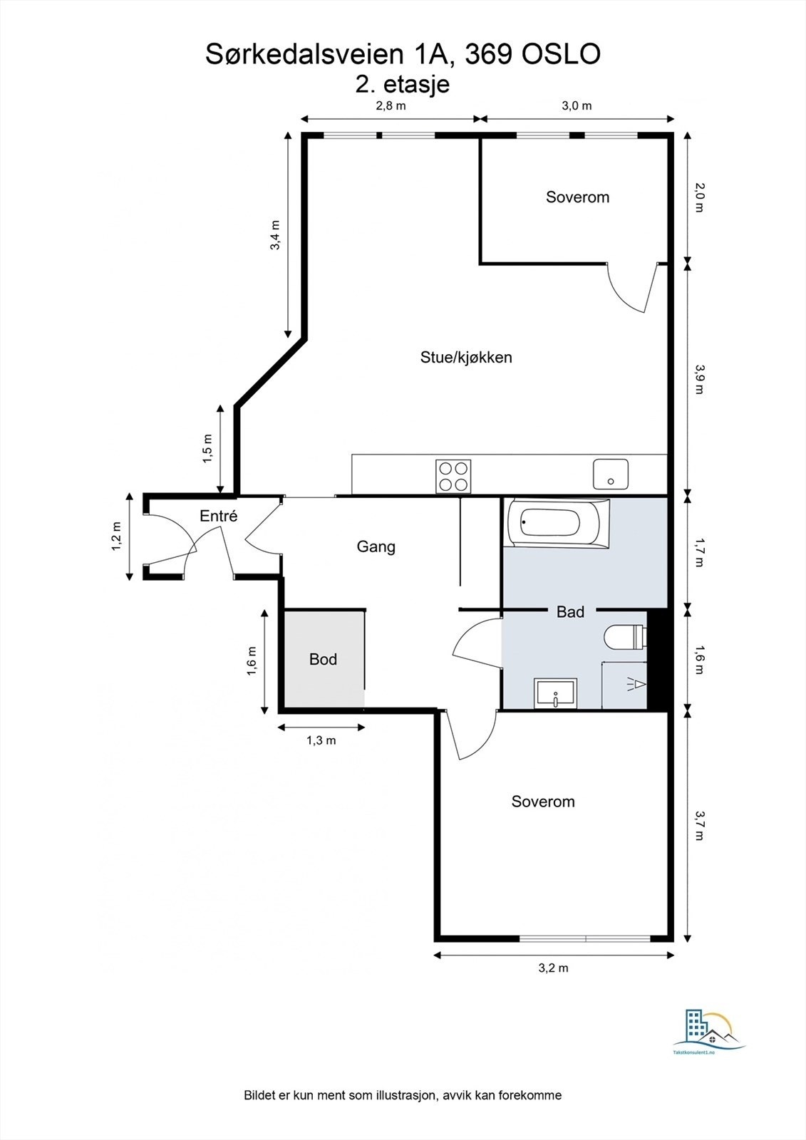 Plantegning. Leiligheten ligger i 2. etasje med adkomst fra heis rett inn i leiligheten eller trapper. Galleribilde
