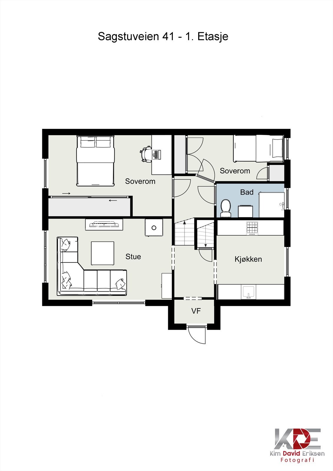 Sagstuveien 41 er en del av tomannsbolig som går over totalt 6 delplan. Her er plantegning av 1. og 2.etasje Galleribilde