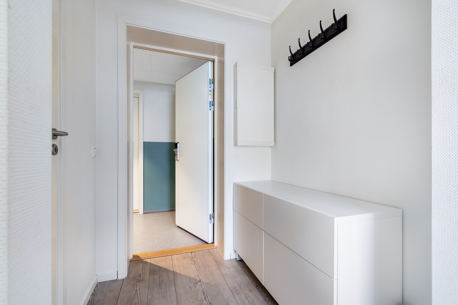 Romslig entré med god plass til oppbevaring av sko- og yttertøy. Galleribilde