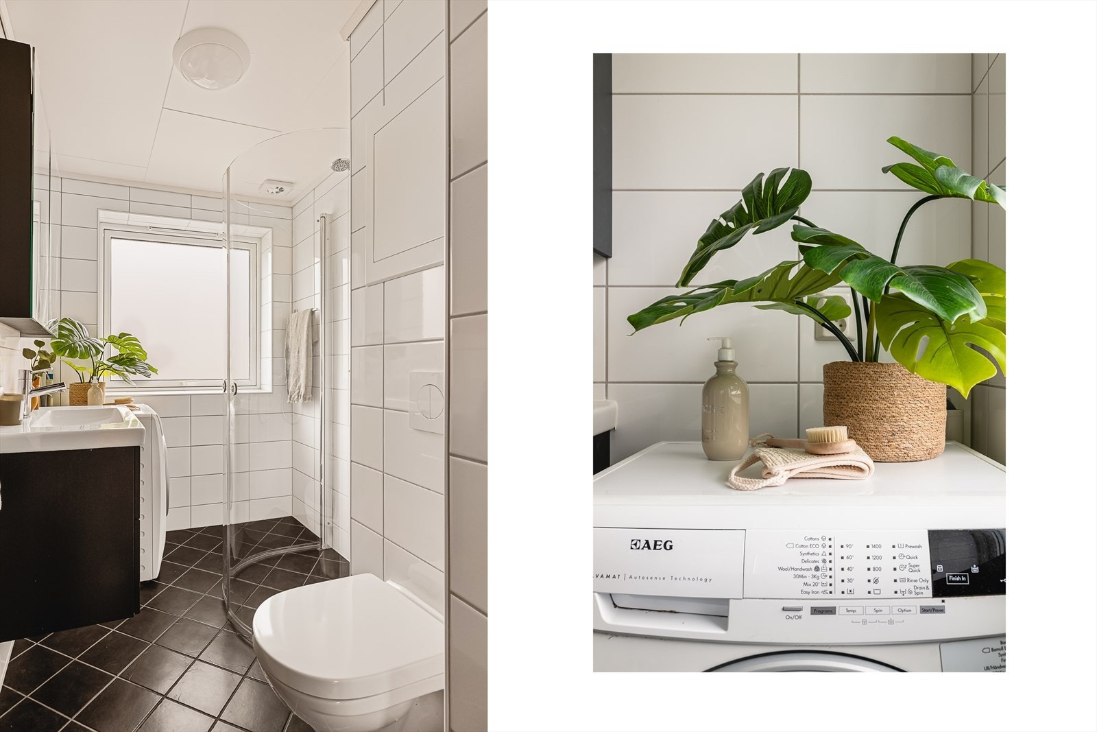 Badet er innredet med vegghengt toalett, benkeskap med servant, og dusjdører i glass. Badet har opplegg for vaskemaskin og tørketrommel. Galleribilde