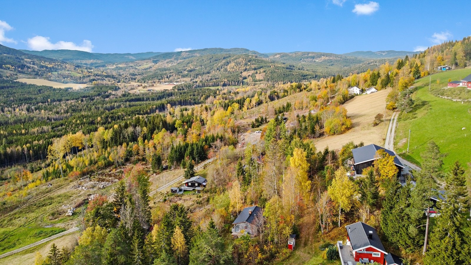 Dronebilde av eiendommen og det omkringliggende landskapet Galleribilde