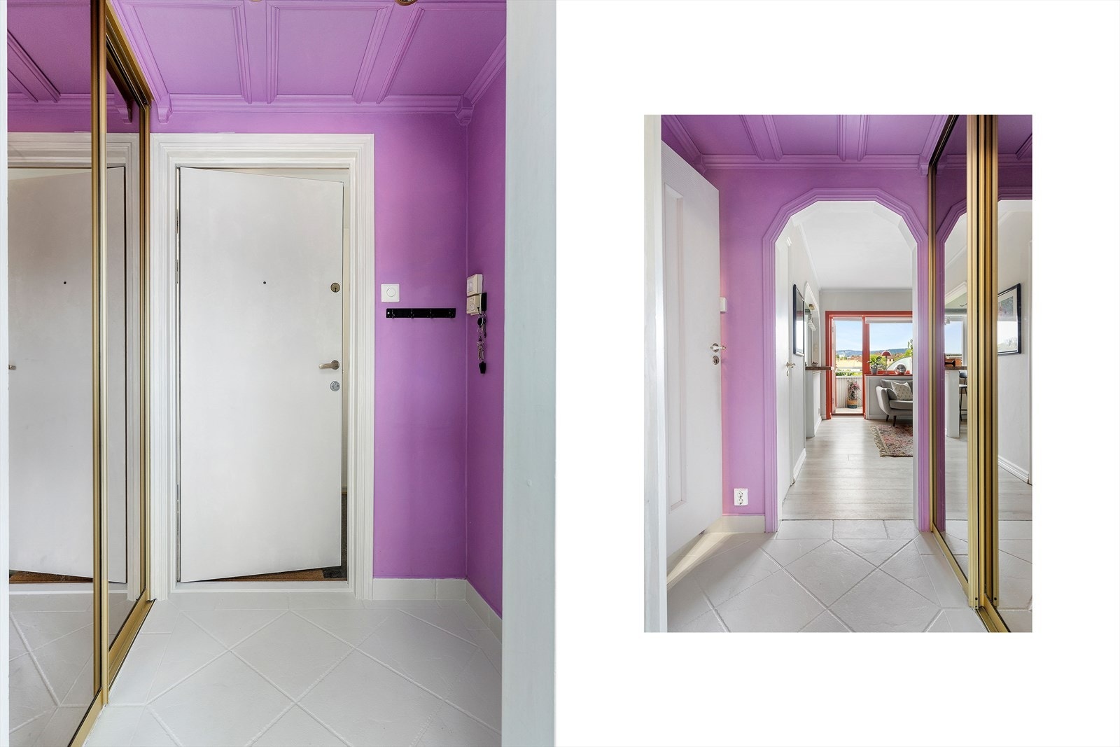 Innbydende entré med god plass til å henge fra seg i stort skyvedørsgarderobe. Entréen er malt i en stilig lillafarge og flislagt gulv med gulvvarme. Galleribilde