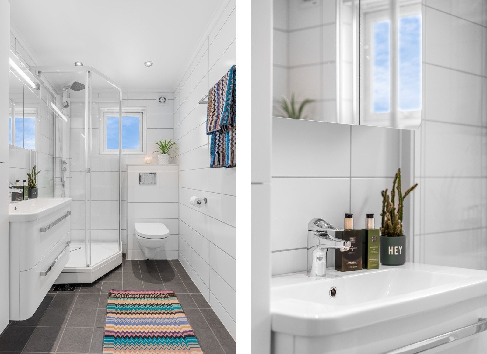 Badet ble pusset opp i 2018, og har elektrisk varme i det flislagte gulvet. Galleribilde