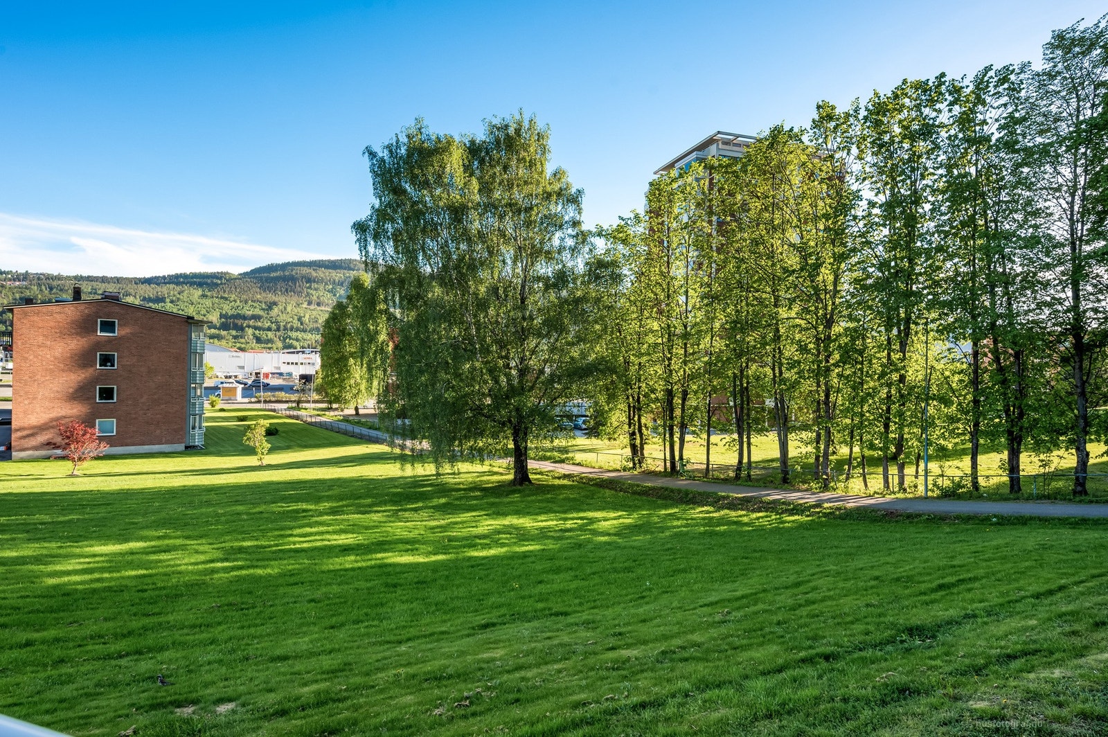 Borettslagets fellesområder er pent opparbeidet med plen, prydbusker og felles lekeplass. Galleribilde