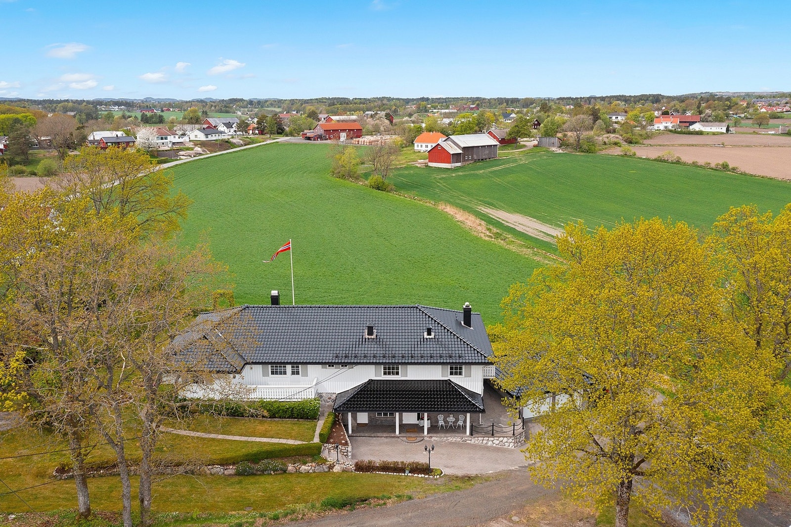 Det er en solrik og luftig tomt hvor de fleste høye trærne på bildene er fjernet Galleribilde