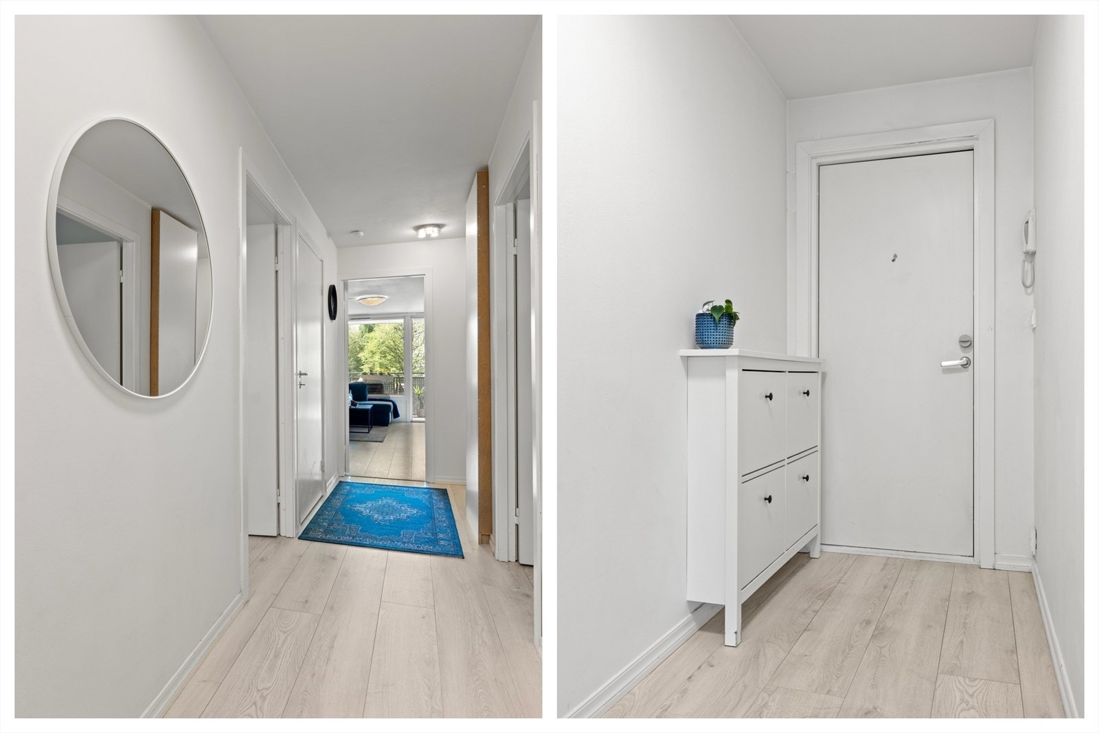 Når du kommer inn i leiligheten møtes du av en lys og lang entré. Her har man god plass til å henge fra deg yttertøy og plassere fra seg sko. Galleribilde