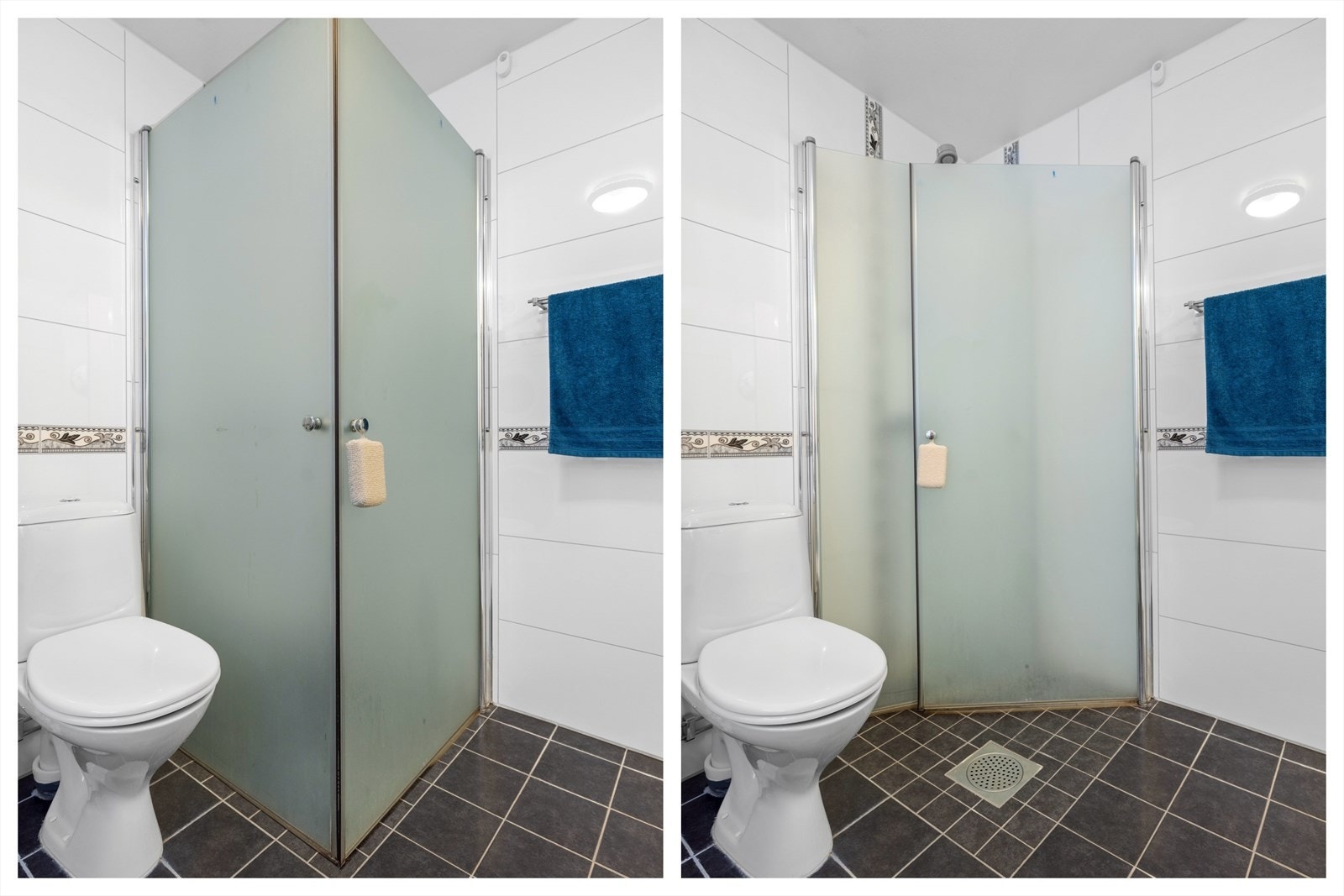 Flislagt gulv med gulvvarme (elektrisk). Avtrekksventil med mekanisk avtrekk på badet. Galleribilde