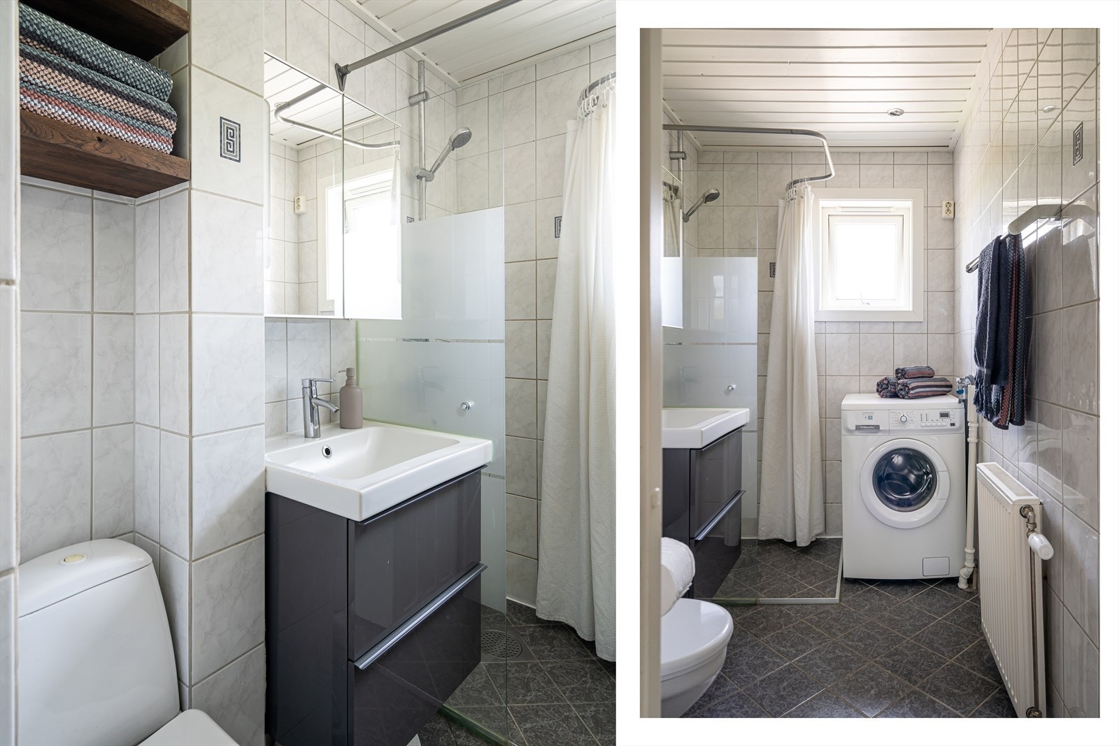 Badet har fliser på gulv og vegger. Innredningen har nøytral stil som lett kan sprites opp med moderne farger på håndklær. Galleribilde