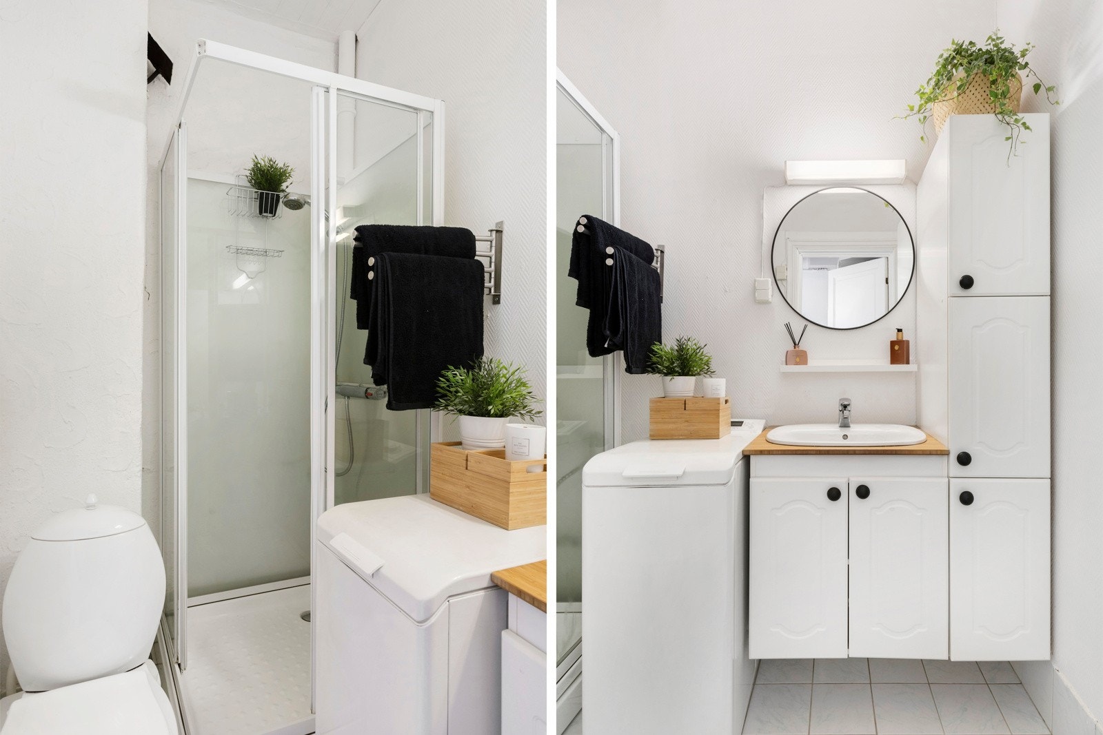 Badet har dusjhjørne med kabinett, servantskap med lagring og opplegg for vaskemaskin. Galleribilde