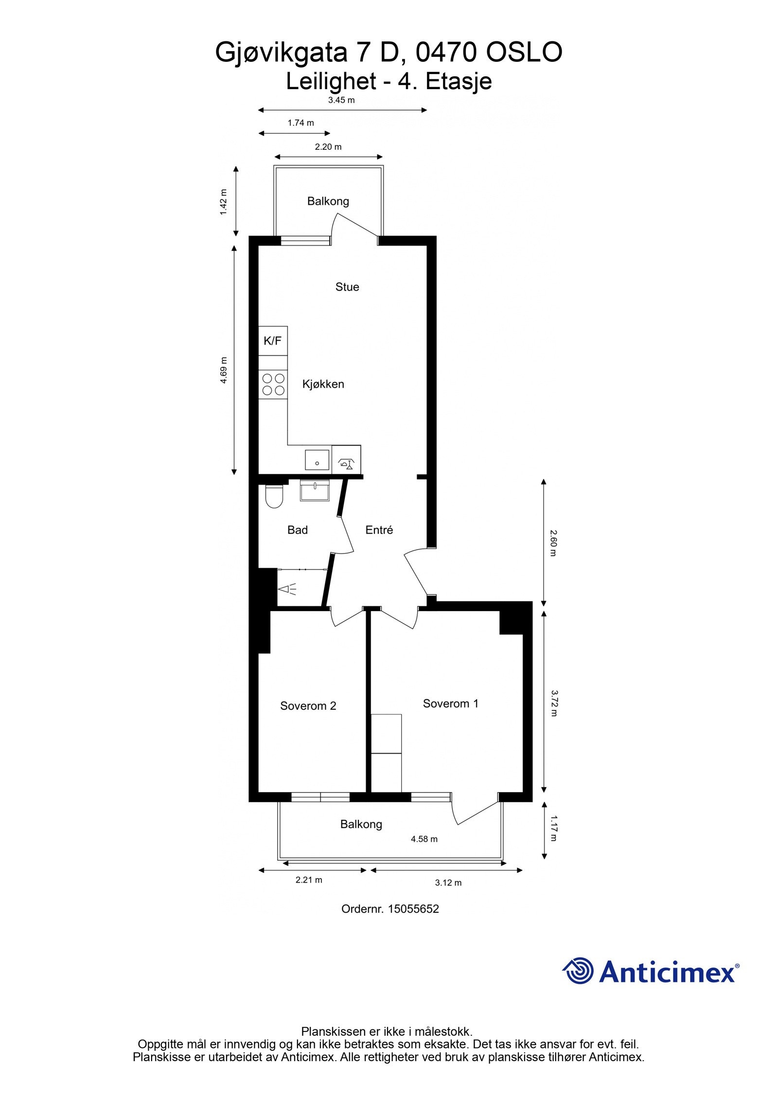 Plantegning. I tillegg disponerer leiligheten en kjellerbod på ca. 4m² og en loftsbod på ca. 4m². Galleribilde