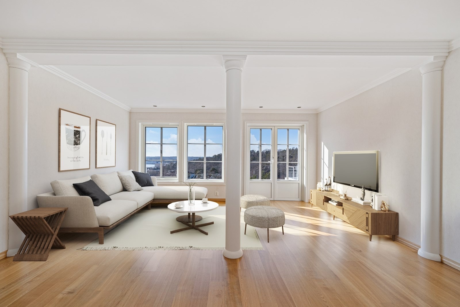 Stor, lys stue med flott utsikt mot fjorden og utgang til uteplass - Syd Galleribilde