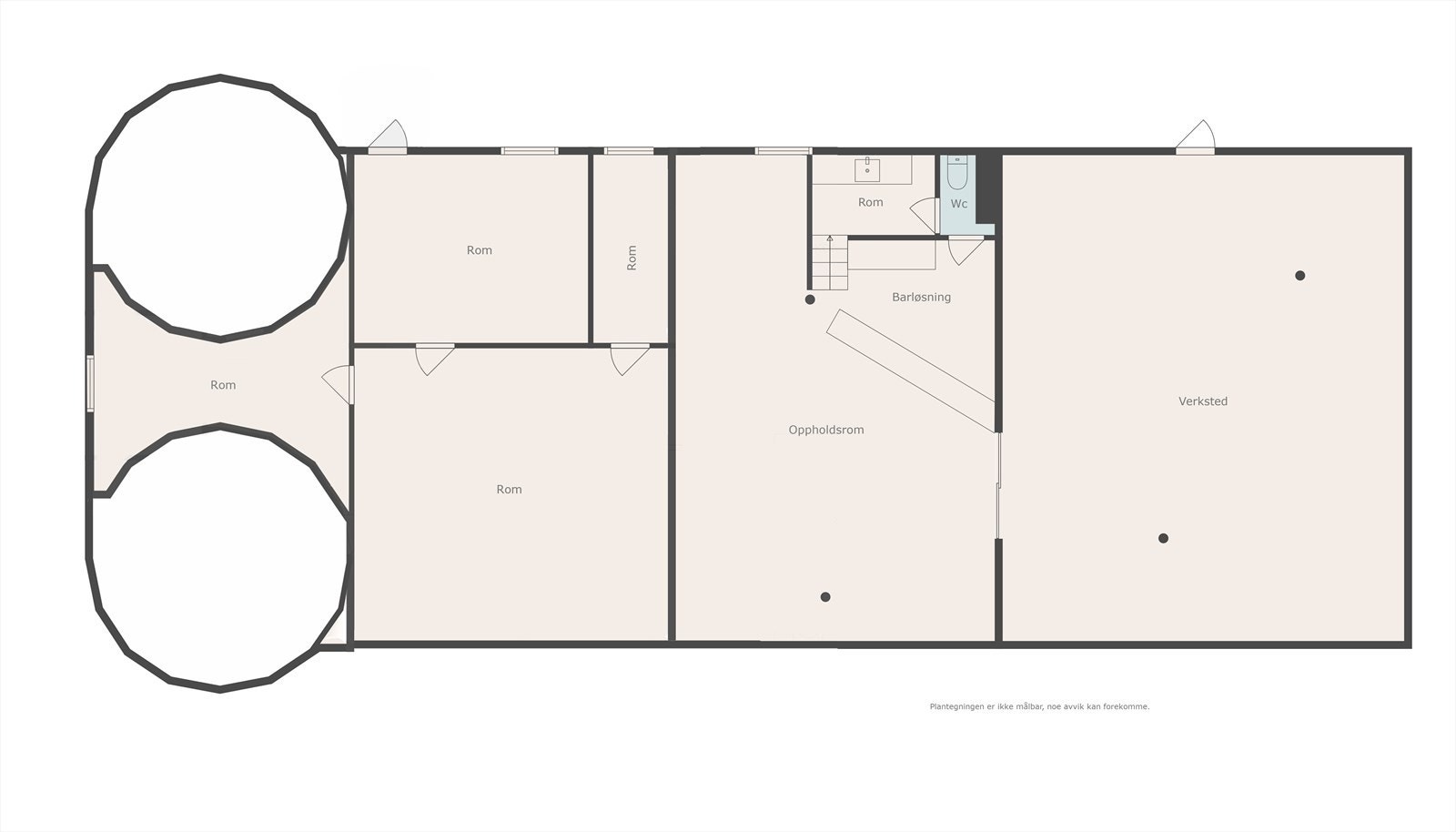 Plantegning kjelleretasje Løe. Merk at dagens bruk samsvarer ikke med originale planer og tegninger. Galleribilde
