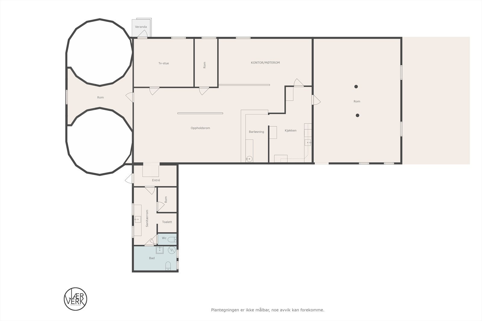 Plantegning 1. etasje Løe. Merk at dagens bruk samsvarer ikke med originale planer og tegninger. Galleribilde