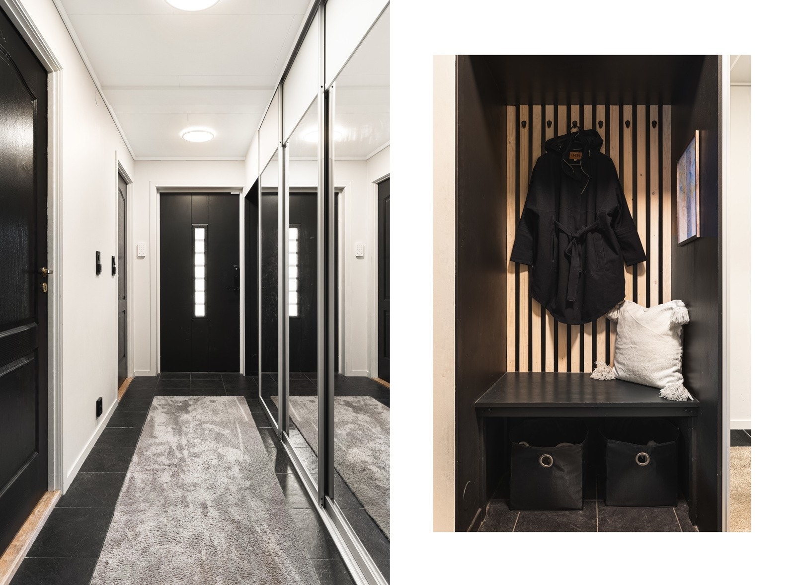 Man blir ønsket velkommen inn til en romslig entrè på ca. 6,6 kvm. Her er det et stort garderobeskap med gode oppbevaringsmuligheter. Galleribilde