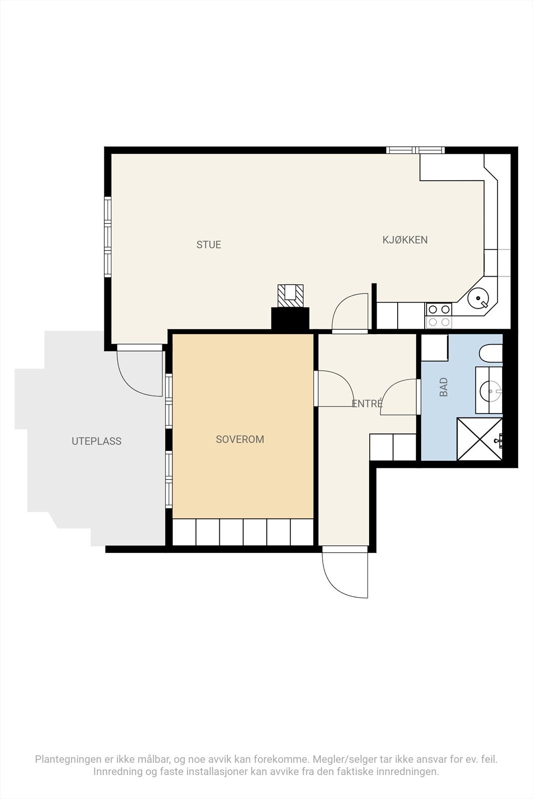 Plantegning. Leiligheten har eksklusiv bruksrett på terrassen under overbygg. Resten er på fellesarealet til borettslaget Galleribilde