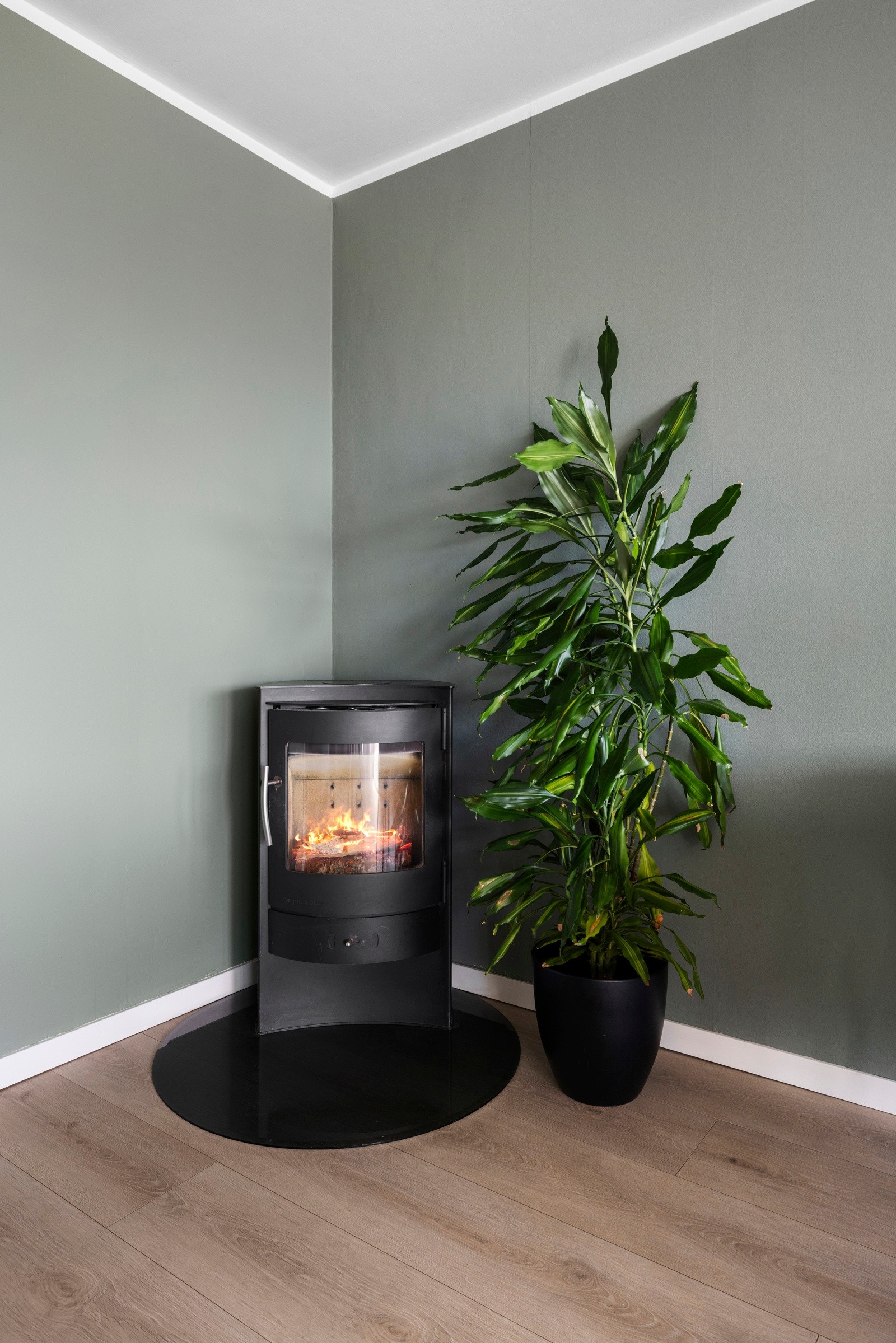 Stuen har en moderne peisovn Galleribilde