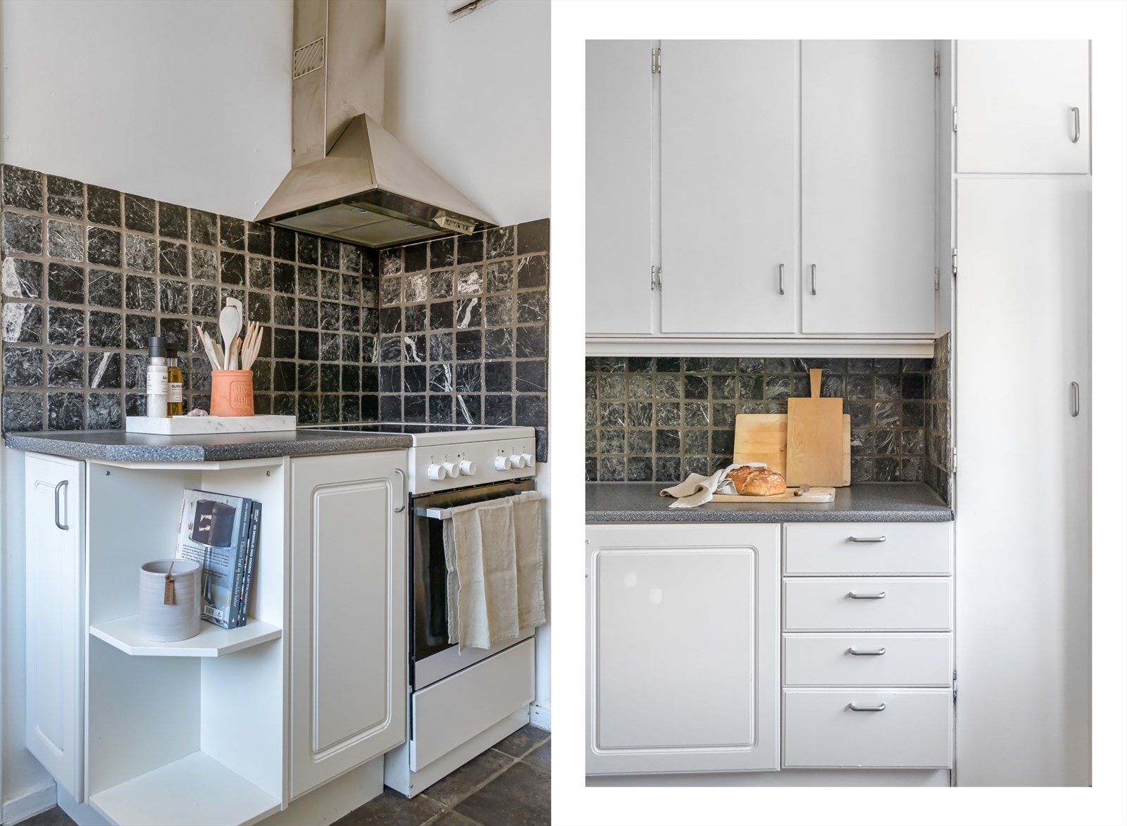 Kjøkkeninnredning med lyse profilerte fronter og benkeplate av laminat. Fliser mellom over- og underskap. Galleribilde