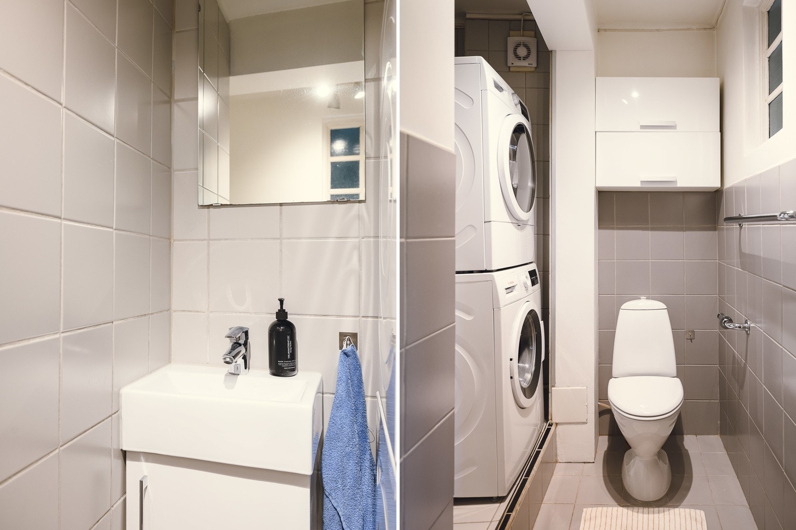 Praktisk separat wc / vaskerom med varmekabler, servantskap med speil, toalett og opplegg for vaskemaskin og tørketrommel. Galleribilde