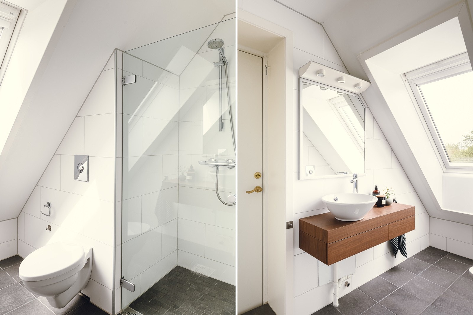 Tidløst og moderne baderom med varmekabler, servantskap med speil og lys, vegghengt toalett og dusjsone. Elektrisk avtrekksvifte og hyggelig utsyn. Galleribilde