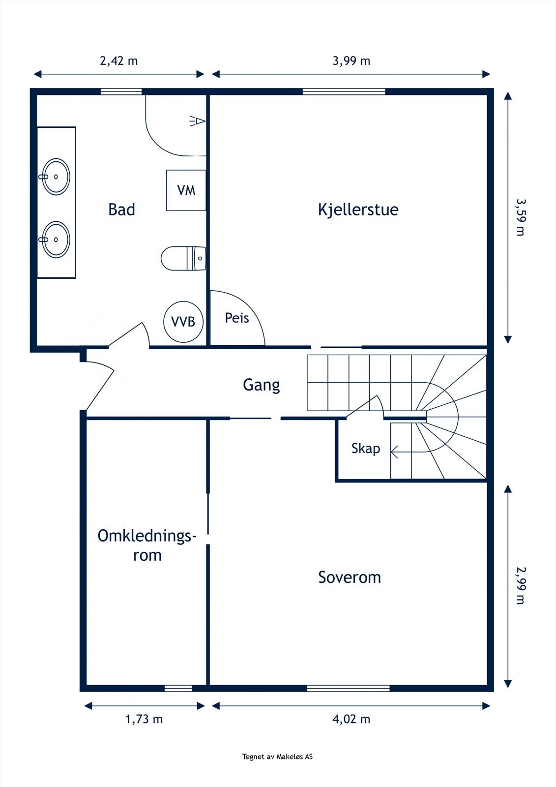 Plantegning kjeller. Omkledningsrommet fungerer ypperlig som ekstra bodplass dersom man har behov for det. Galleribilde