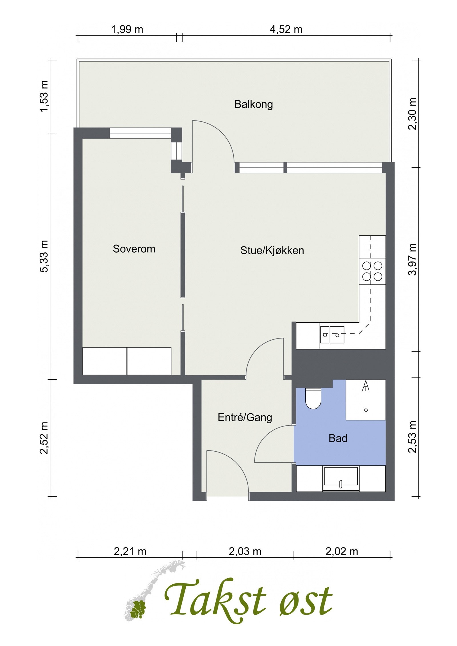 Før du går inn i leiligheten, ta en titt på plantegningen. Legger du merke til den gode planløsningen og den fine størrelsen på alle rom? Galleribilde