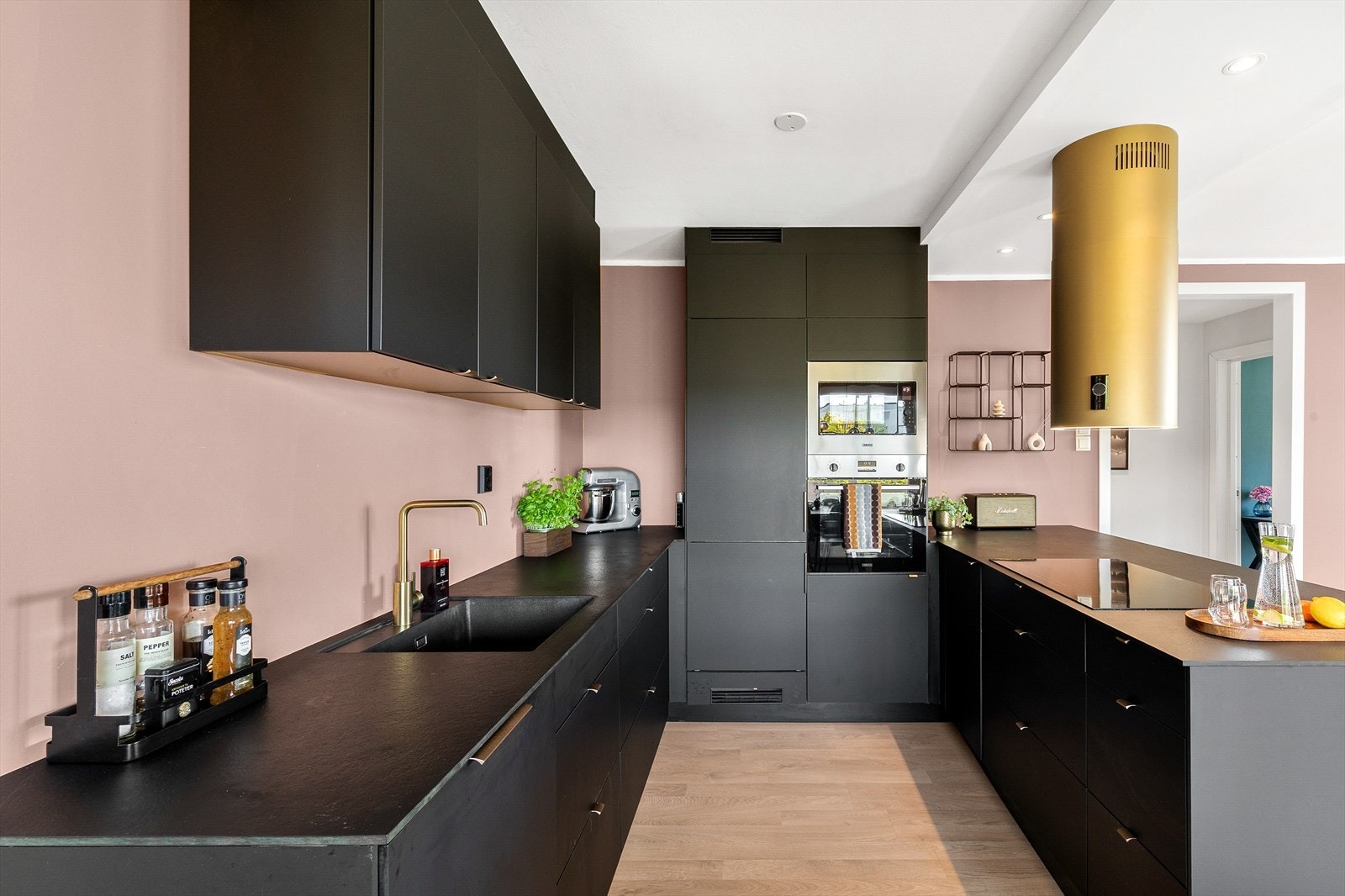 Stekeovn, platetopp, kjøl/frys, mikro og oppvaskmaskin er integrert i innredningen. Galleribilde