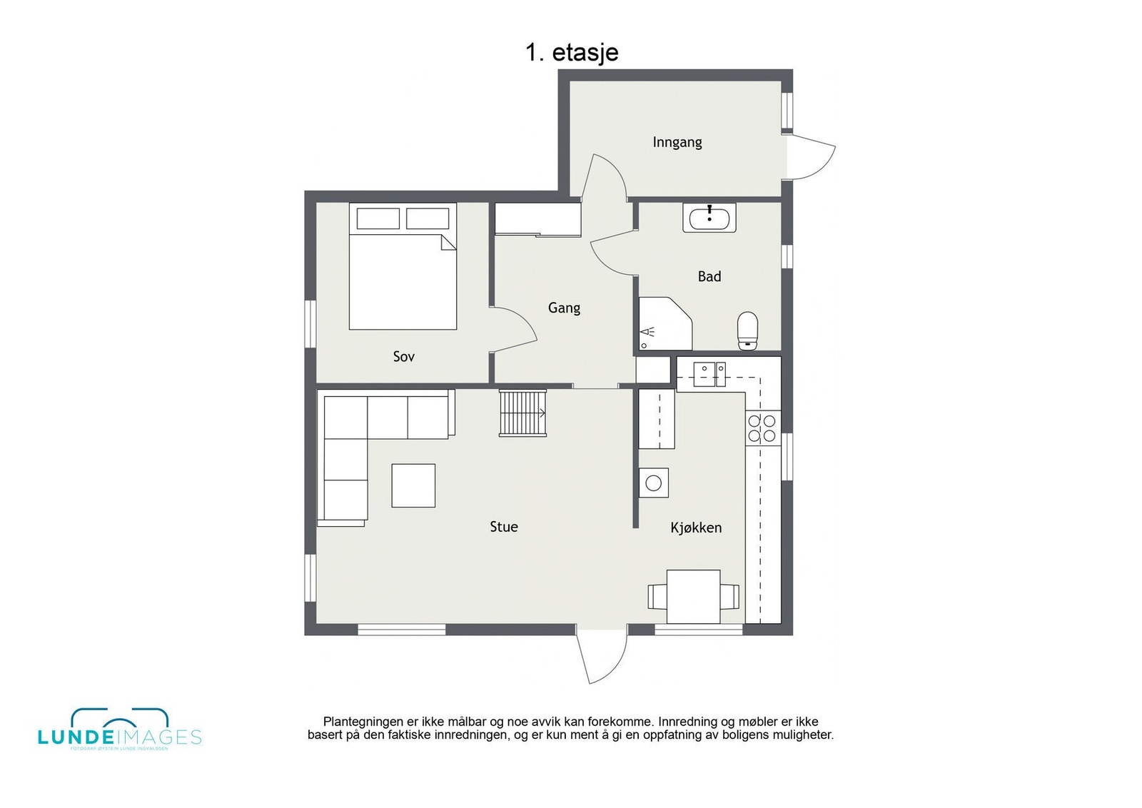 Plantegning 1. etasje - ikke målbar - 1. etasje har et BRA-i på 61 kvm og TBA på 55 kvm. Galleribilde