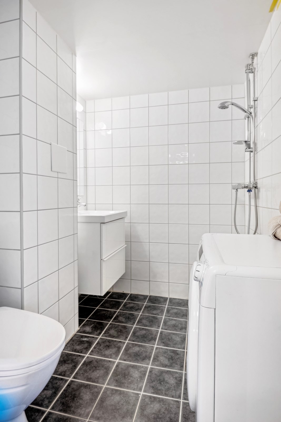 Baderommet inneholder dusjhjørne, gulvstående toalett, skapinnredning med servant og speil med lysarmatur. Det er opplegg for vaskemaskin. Galleribilde