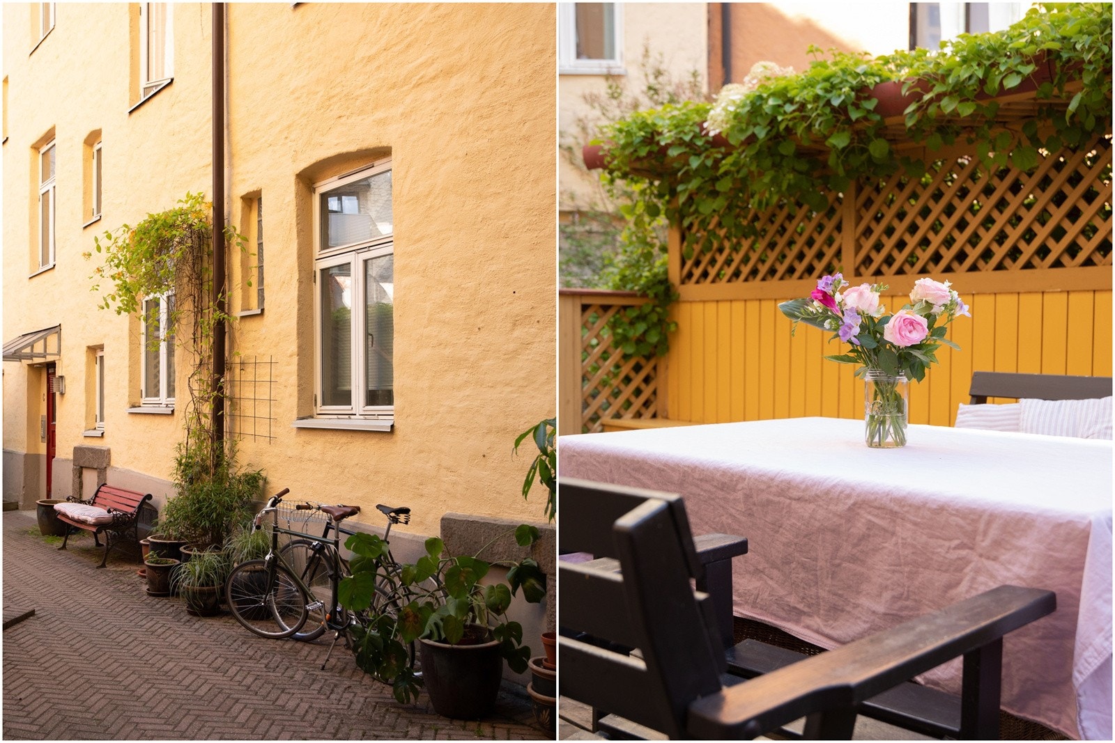 Flott opparbeidet bakgård med koselige gule murvegger. I bakgården ligger også en sykkelbod, der du enkelt kan låse sykkelen din Galleribilde