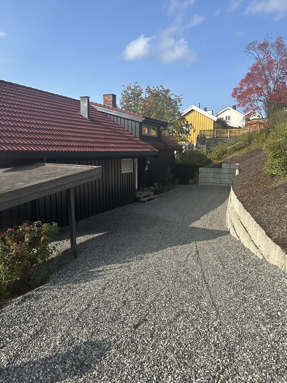 Gruset adkomst og muligheter for parkering i carport (privat bilde) Galleribilde