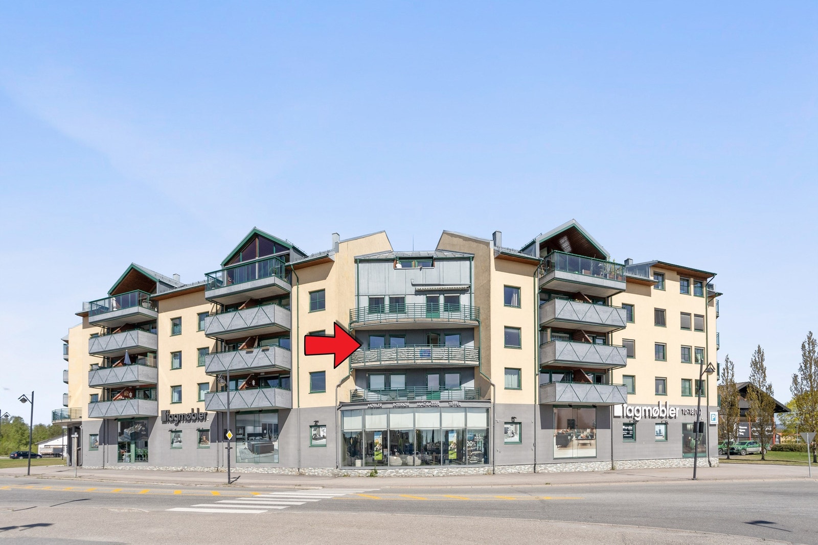 Pilen viser leilighetens beliggenhet i bygget. Galleribilde