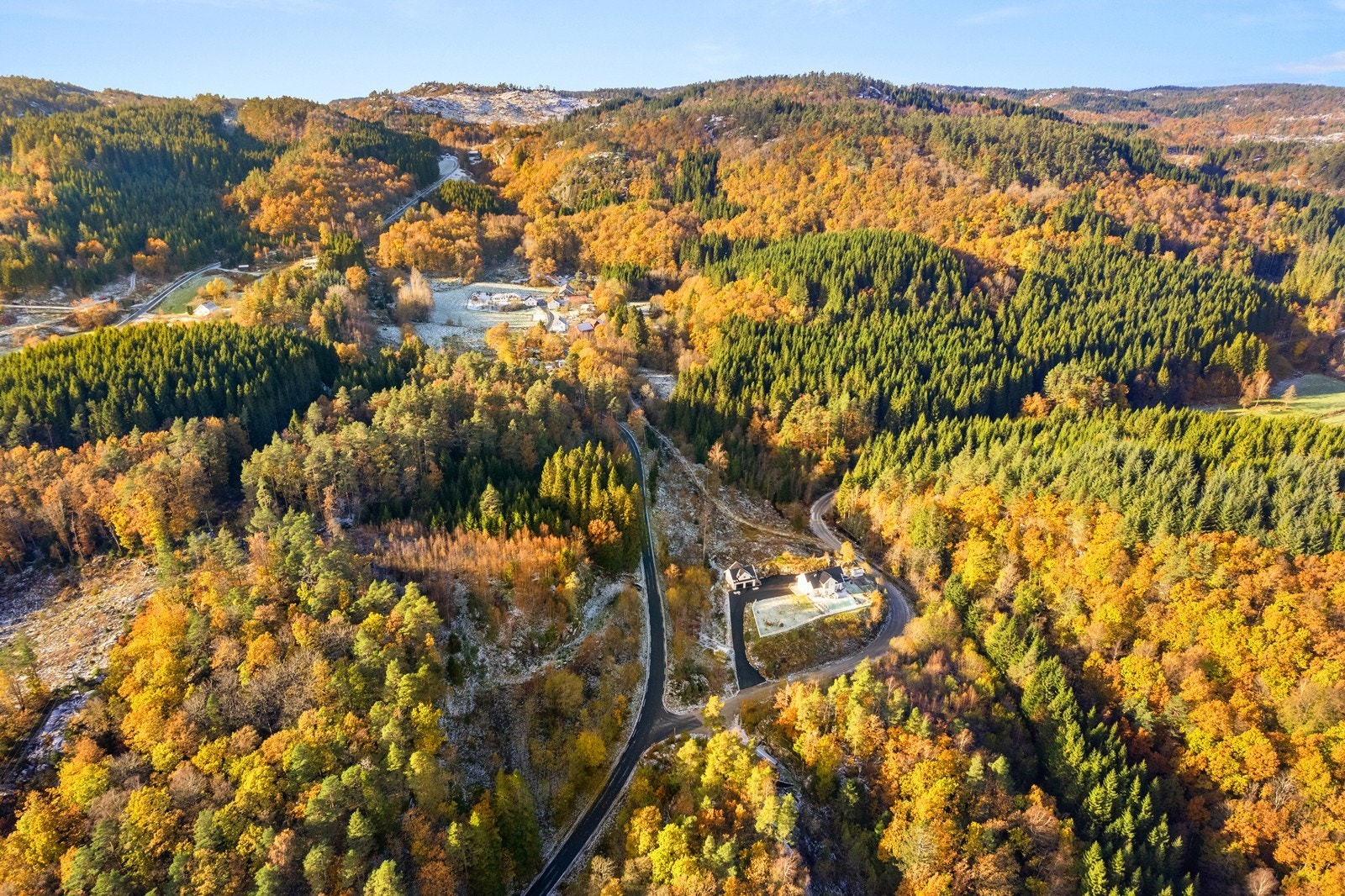Tomtene ligger i høyde til venstre for Møglandsveien. Adkomst/skogsvei er hogd vis-a-vis den hvite boligen på motsatt side av veien. Galleribilde