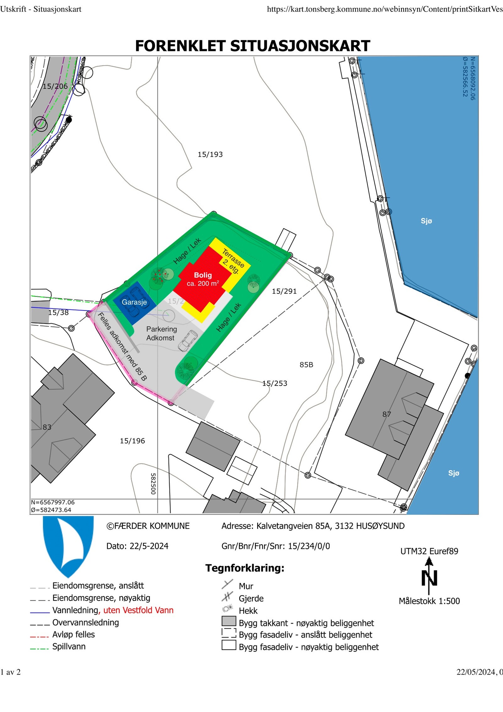 Situasjonskart med forslag til plasseringer. Her er det satt inn et kataloghus fra Norske Hus (ca. 200 m2) Galleribilde