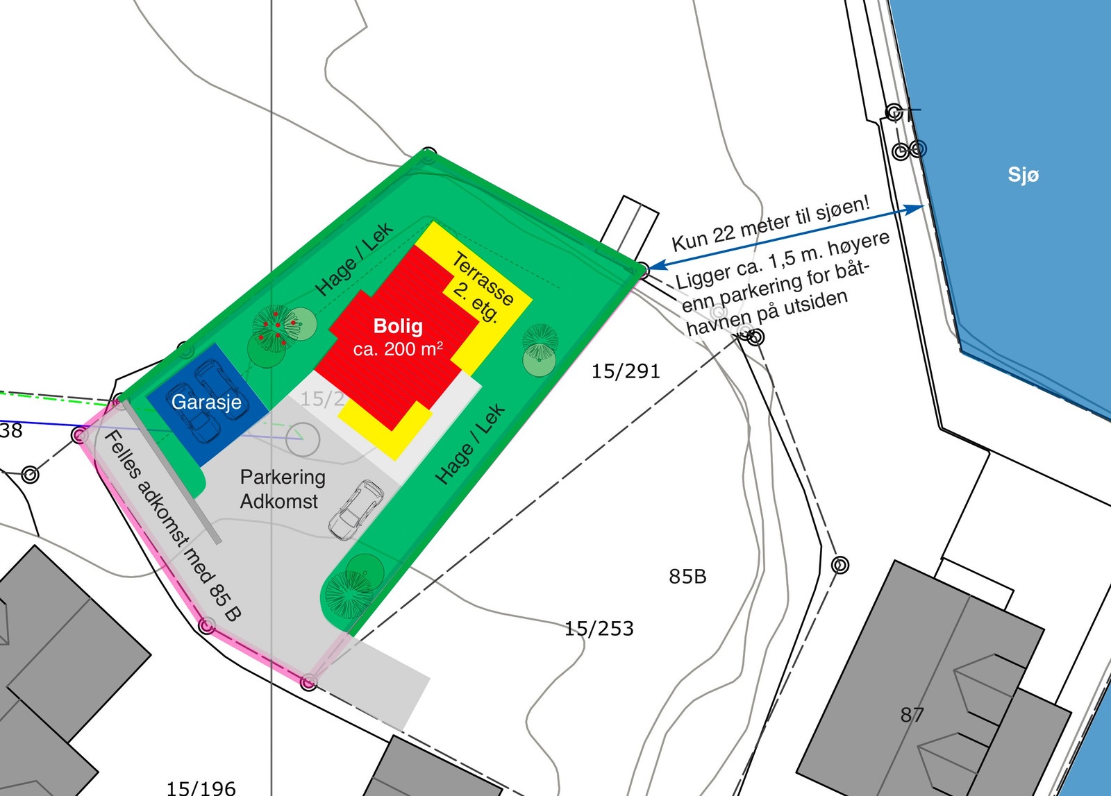 Utsnitt av situasjonskartet. Her ser du hvor nærme sjøen tomten ligger! Galleribilde