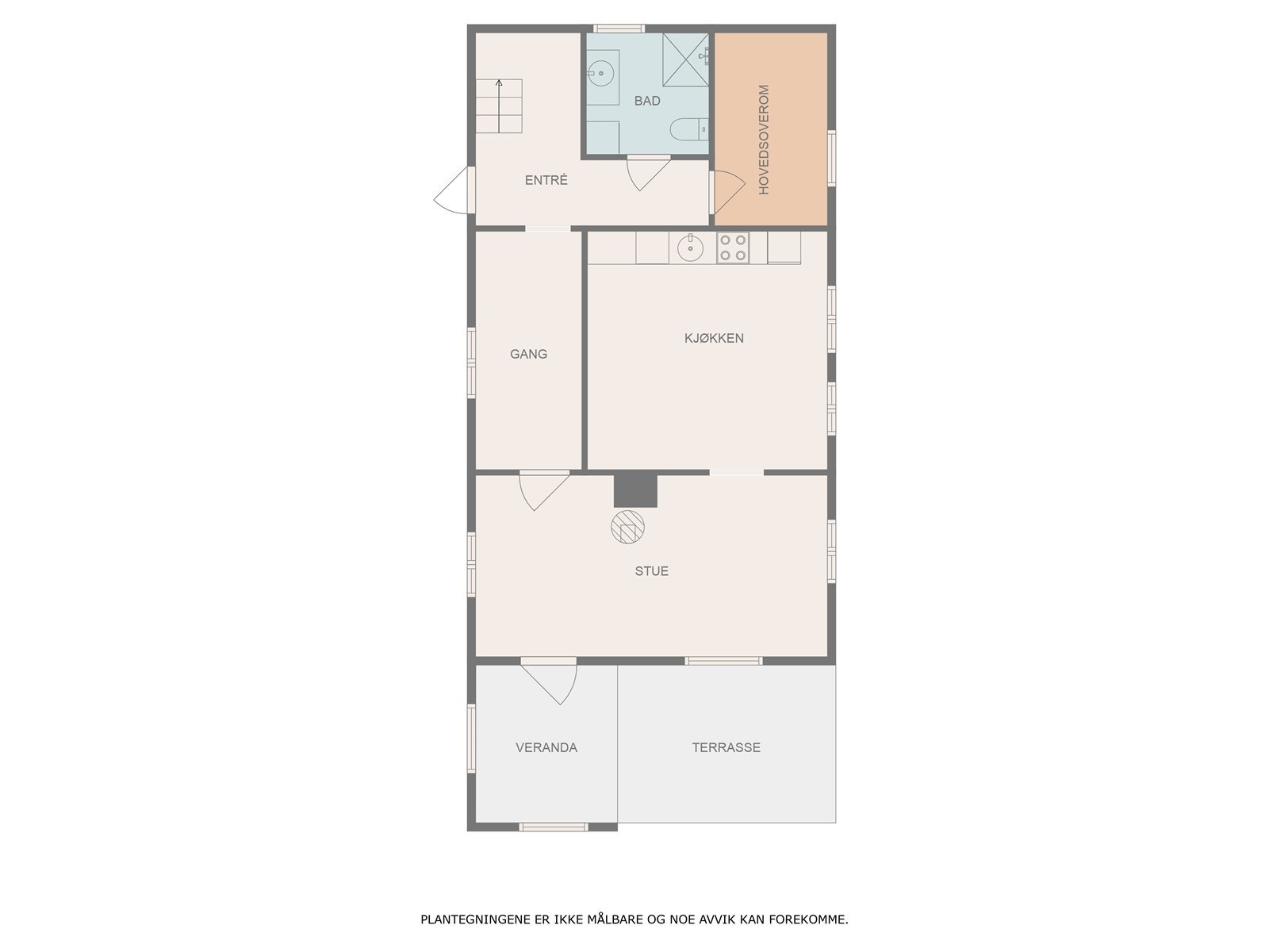 Inneholder Entre/ gang, bad/ wc, soverom, mellomgang, stue og kjøkken i hovedetasjen. Galleribilde