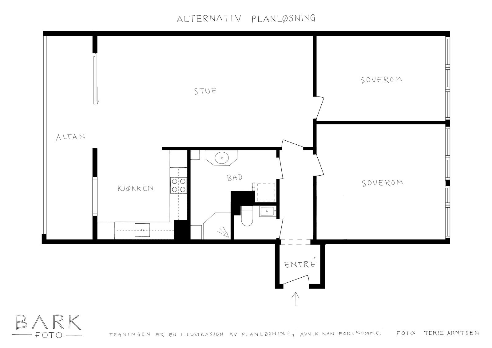 Alternativ planløsning dersom du kun har behov for to soverom. Galleribilde