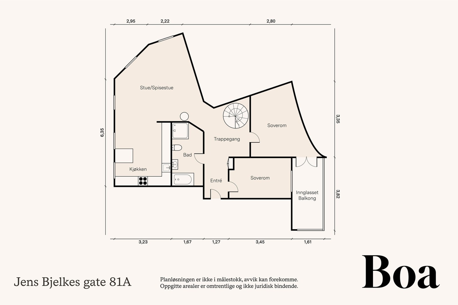 4. etasje: Entré/trappegang, bad, to soverom, stue/kjøkken og innglasset balkong. Galleribilde