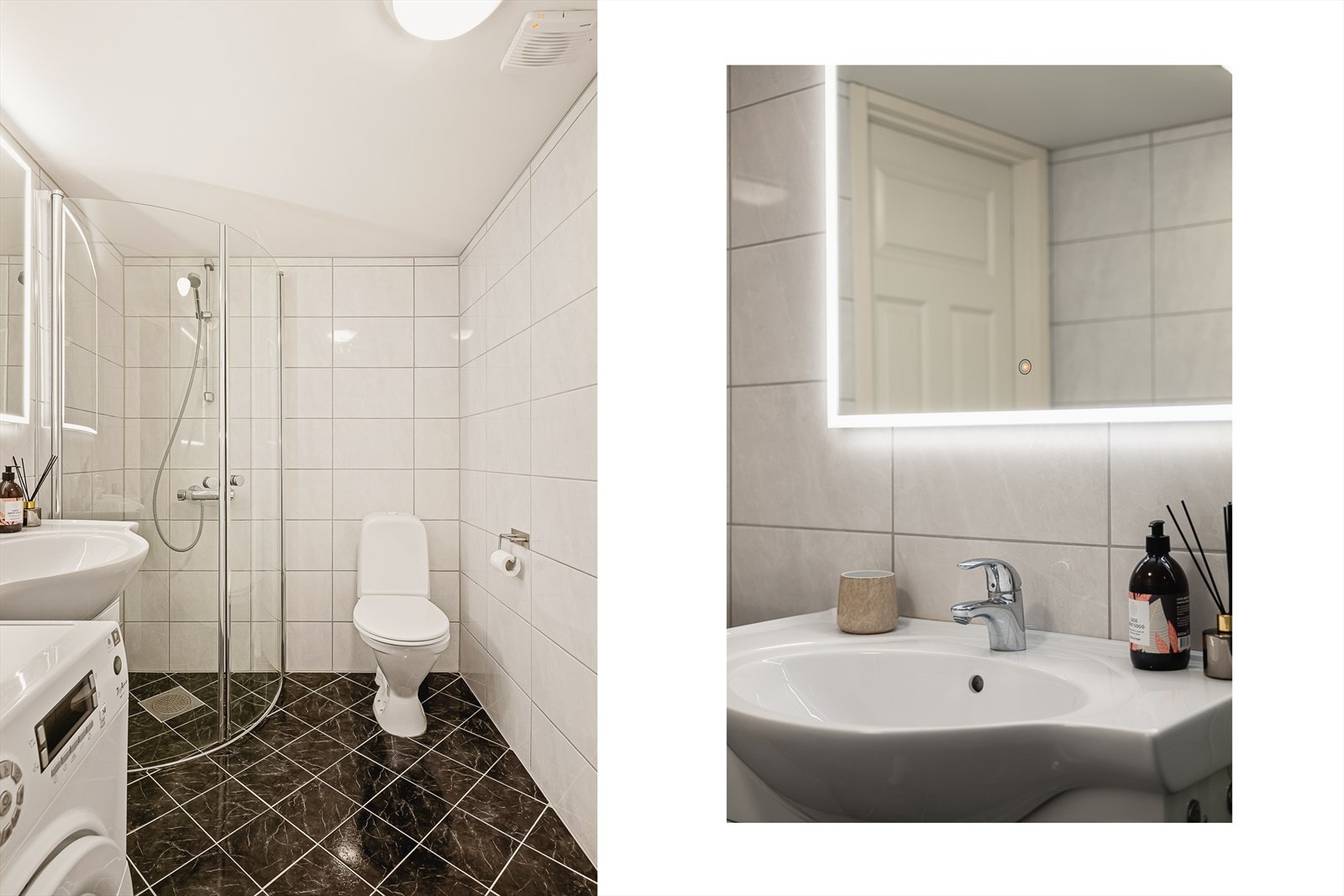 - Badet er innredet med toalett, benkeskap med servant, dusjdører i glass, opplegg for vaskemaskin og et moderne smartspeilet med ledlys - Galleribilde