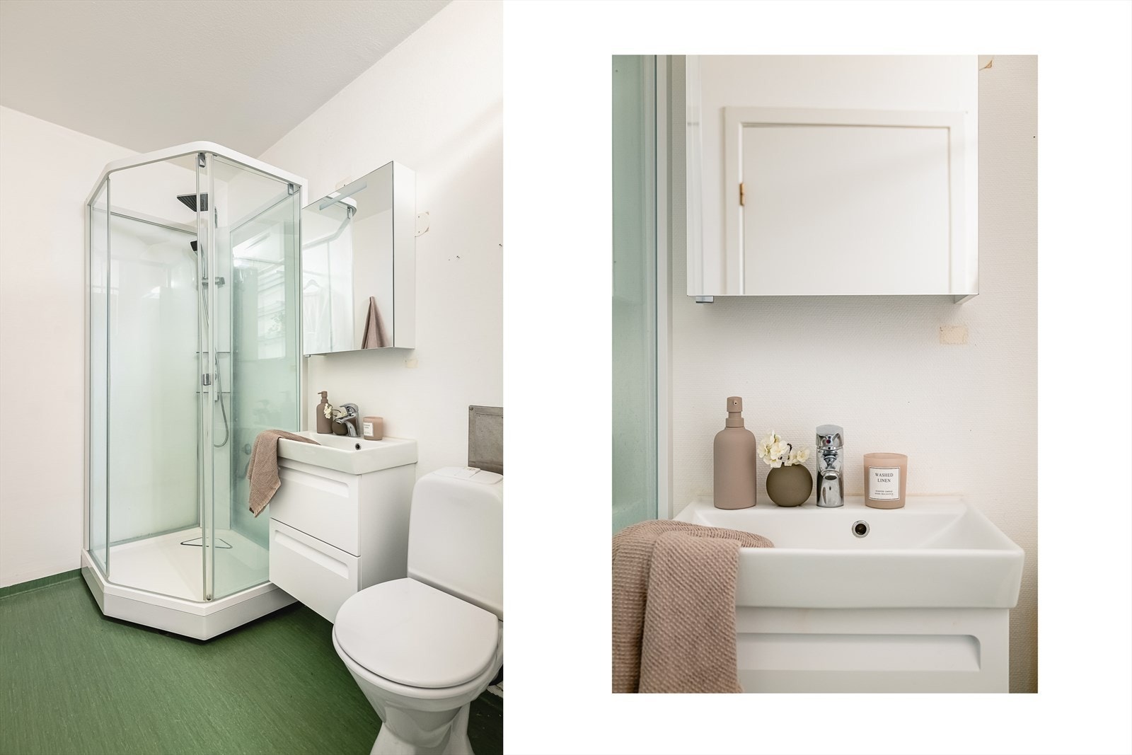 Badet måler 5,7 kvm, og har en praktisk vaskeromsdel. Galleribilde